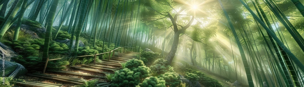 Poster sunlight filtering through the bamboo forest, creating a serene and tranquil path for hikers and nat