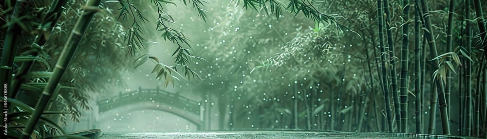 Poster serene bamboo forest with a stone bridge in the background and gentle rain falling, creating a tranq