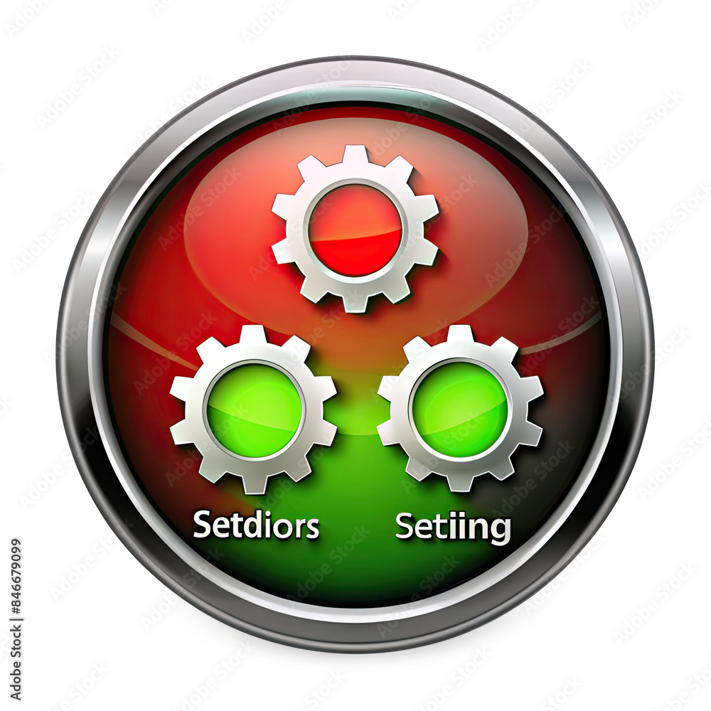 Poster three metallic cogwheel icons, one red and two green, arranged in a triangle formation inside a roun