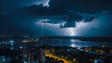 Fototapeta premium Lightning above the lake and aerial view of city night in rainy season. AI Generative.