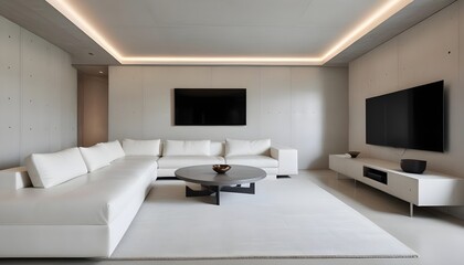 High end modern living room with white leather couch and a large flat screen tv mounted on the wall, brutalist architecture mixed with modern futuristic minimal design