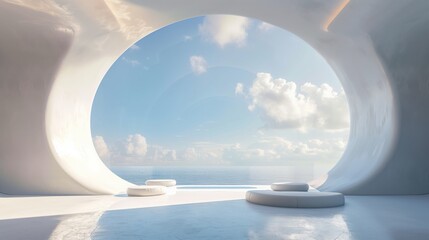 Fototapeta premium Surrealistic Interior Space with White Cloud Architecture and Circular windows overlooking Sea and Sky. Symmetrical Design, High Contrast Lighting, Ultra-Realistic C4D Rendering