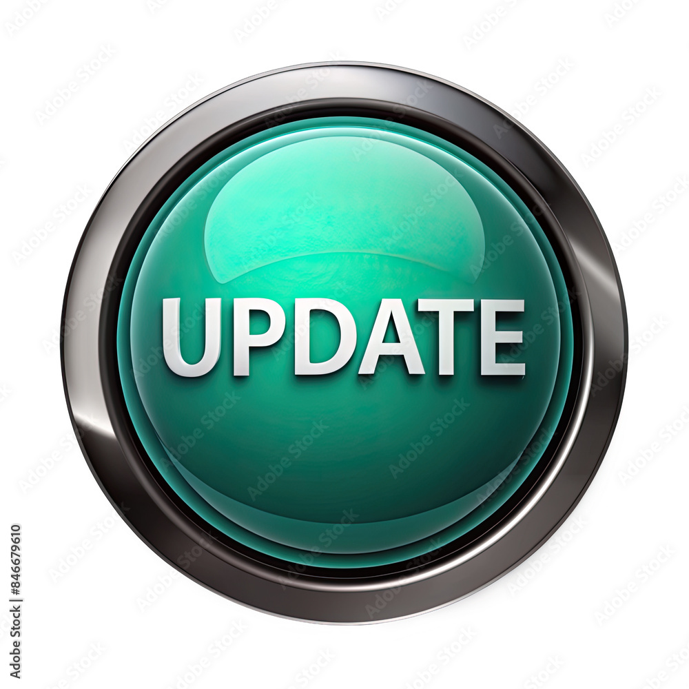 Poster a circular, green button with a silver rim displays the word update in white text. the button is iso