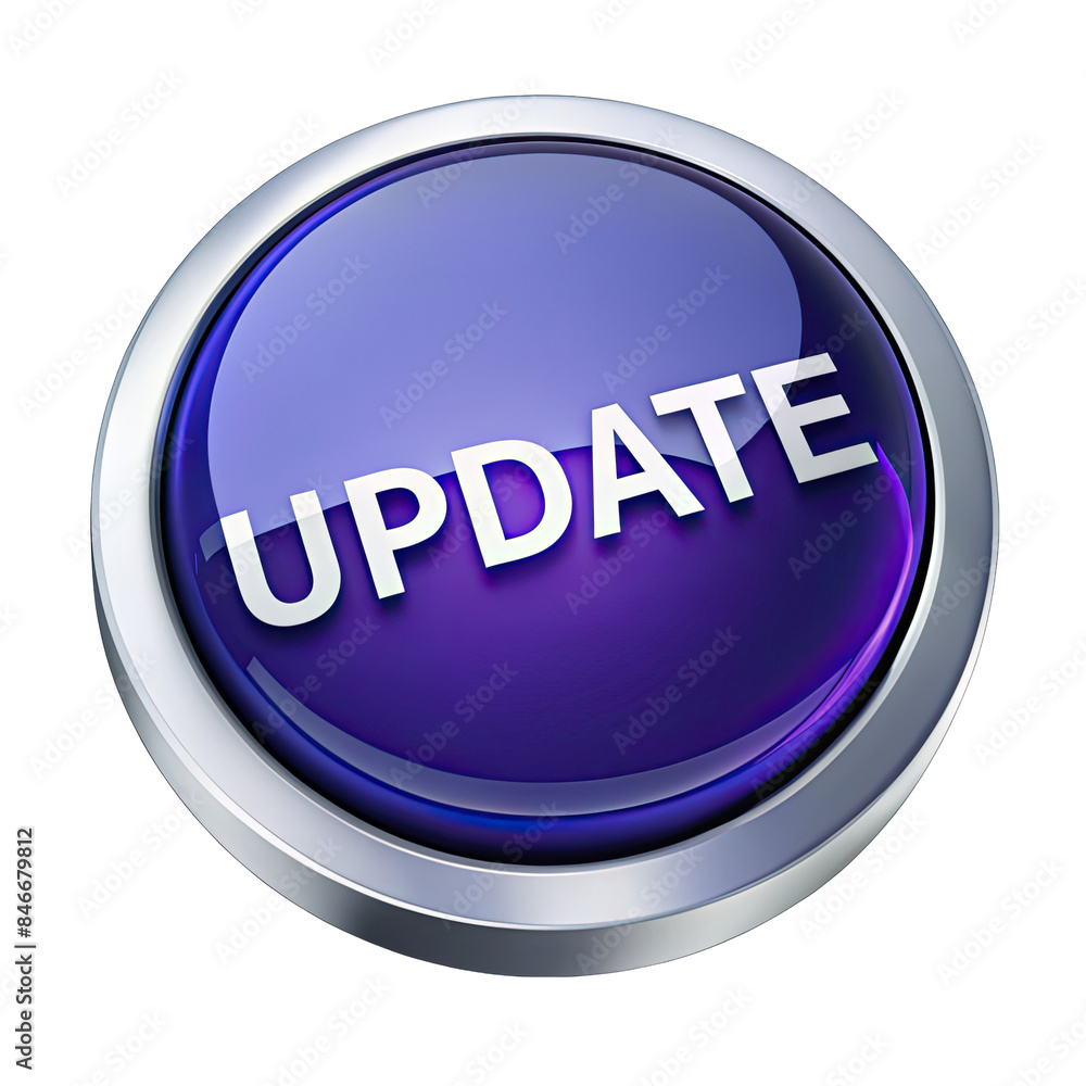 Aufkleber a digitally rendered, three-dimensional update button with a glossy purple surface and a silver beze