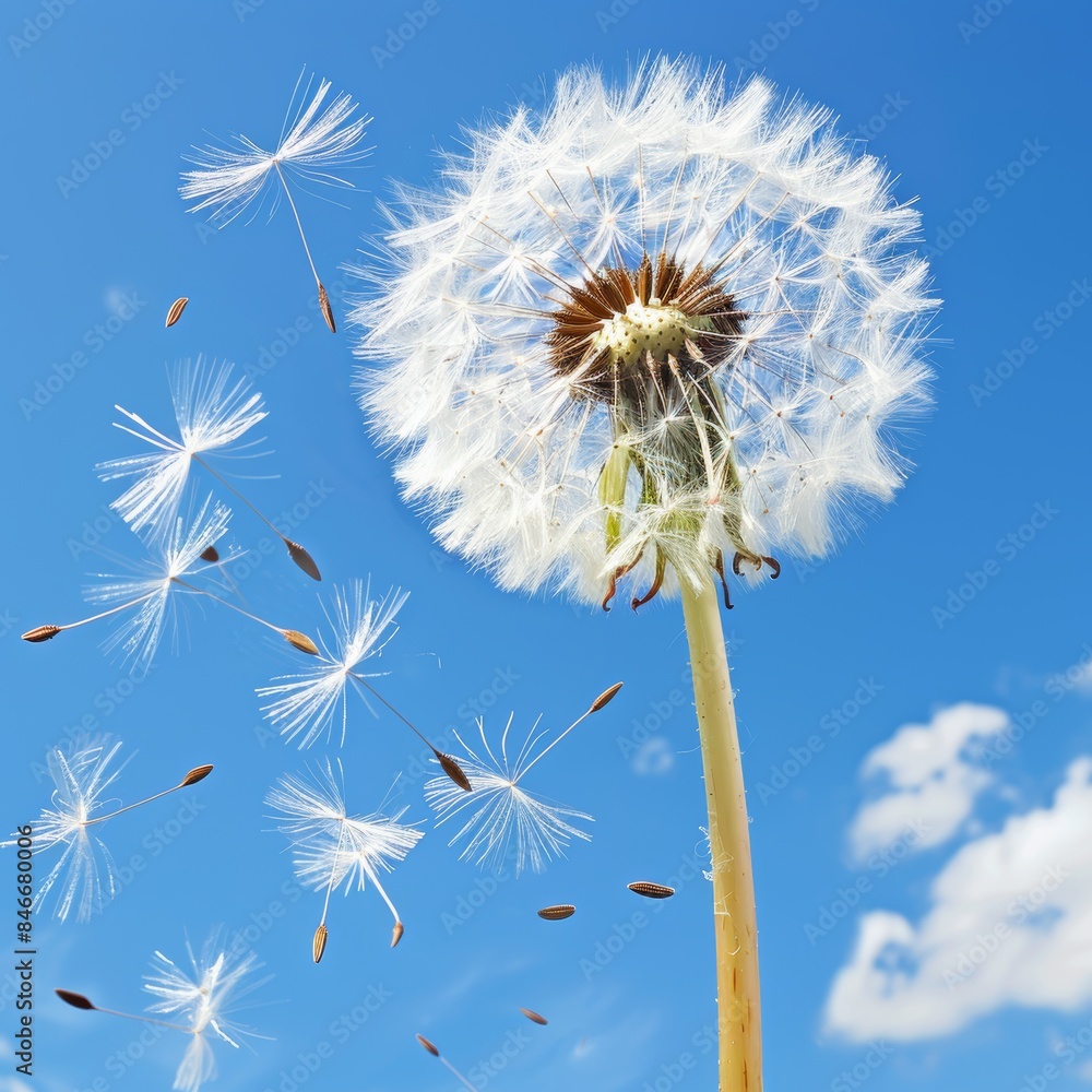 Poster dandelion seeds floating in air on soft blue backdrop with bokeh effects for a serene visual