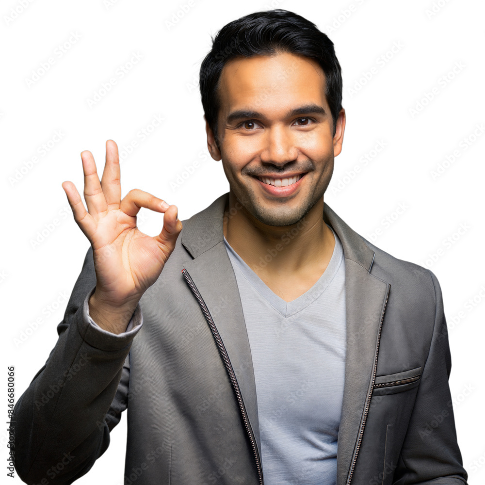 Poster smiling man showing ok gesture on transparent background