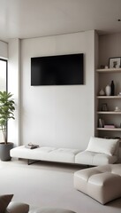 High end modern living room with white leather couch and a large flat screen tv mounted on the wall, brutalist architecture mixed with modern futuristic minimal design