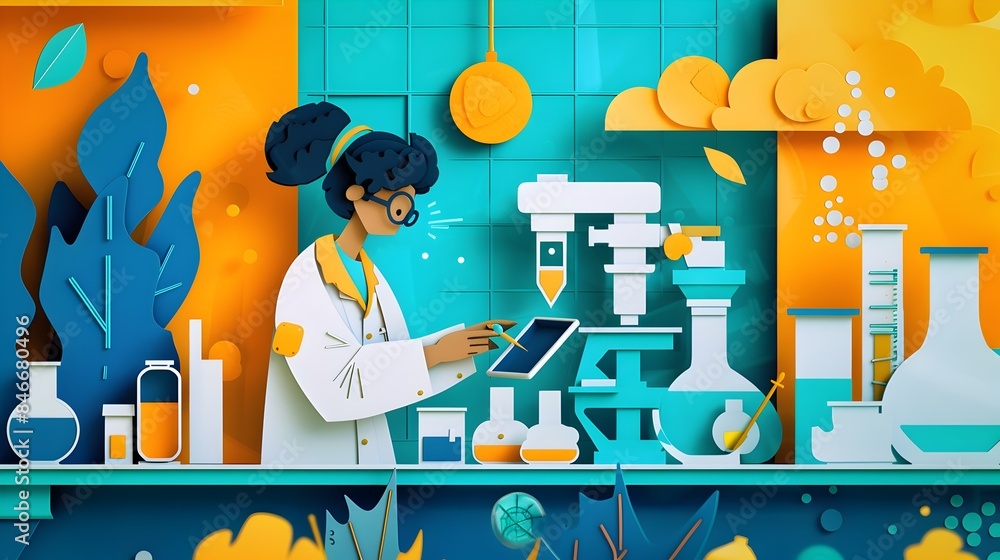 Poster student conducting a science experiment with digital tablet in minimal paper cut style