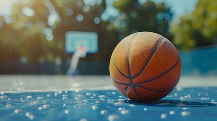 Close Up of Basketball on Court.