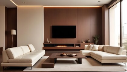 High end modern living room with white leather couch and a large flat screen tv mounted on the wall, brutalist architecture mixed with modern futuristic minimal design