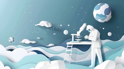 Naklejka premium Scientist Studying the Ozone Layer with Modern Equipment in Minimal Paper Cut Style