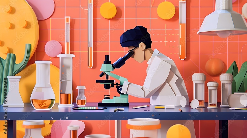 Aufkleber student conducting experiments with microscope in science lab