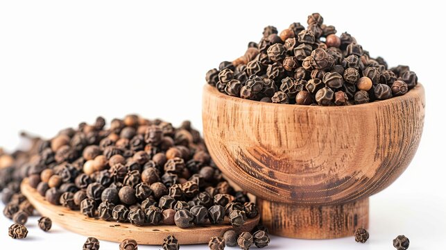 heap of pippali long pepper in wooden cup isolated on white background. Generative Ai