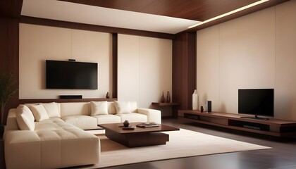 Fototapeta premium High end modern living room with white leather couch and a large flat screen tv mounted on the wall, brutalist architecture mixed with modern futuristic minimal design