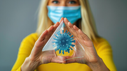 A woman wearing a blue mask holds a blue and white virus in her hands. Concept of caution and awareness of the current pandemic situation