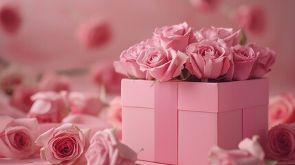 Pink Gift Box Adorned With Pink Roses.