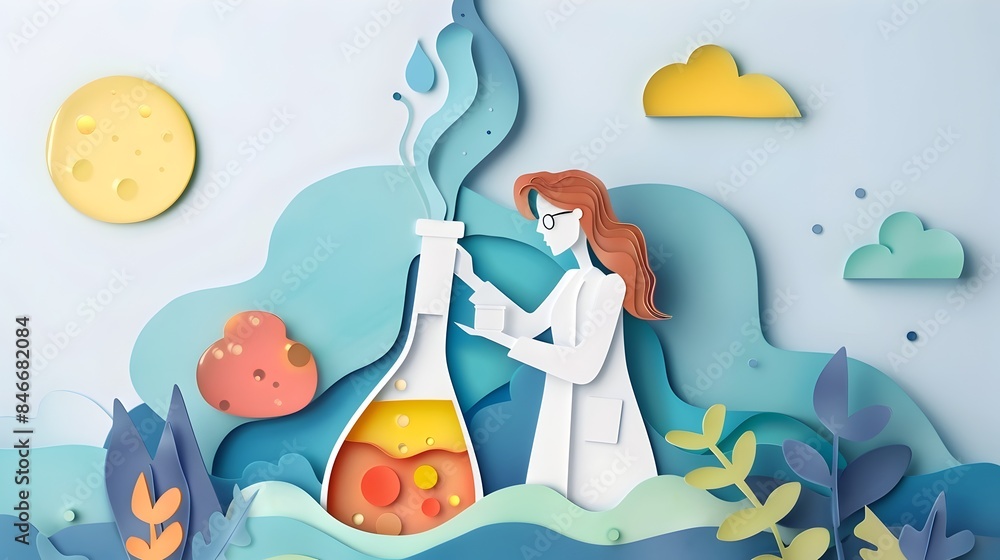 Poster teacher explaining chemical reaction with colorful liquids in flask in minimal paper cut style