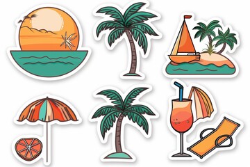 6 stickers set of an ocean beach travel theme, palms and relax, is cutting on the white background
