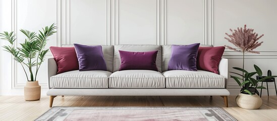 Cozy living room with lilac and burgundy pillows on grey settee, heather plant on coffee table