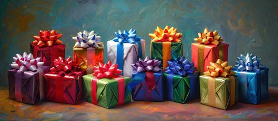 Fototapeta premium Colorful bows on beautifully wrapped presents create a festive and joyful atmosphere during the holidays