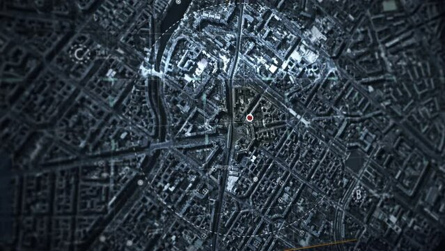 Modern Police Computer System For Crime Prevention Tracking Suspect On City Map. Tracking Crime Activity In Modern City Using Satellite Control Computer. Computer Software Interface For Crime Tracking