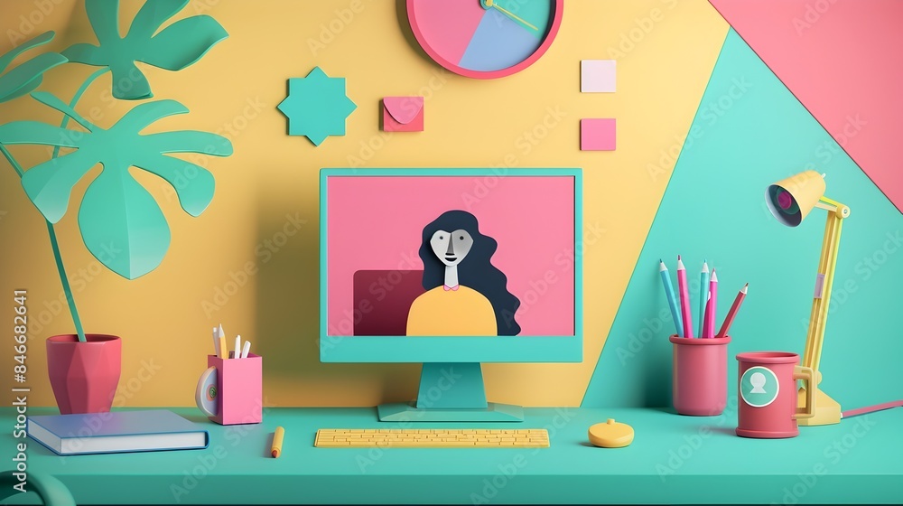 Poster vibrant minimal paper cut style of a student participating in a video call for remote learning and