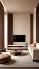 High end modern living room with white leather couch and a large flat screen tv mounted on the wall, brutalist architecture mixed with modern futuristic minimal design