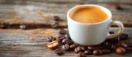 Find solace in a cup of coffee on a rustic table, with coffee beans scattered around 