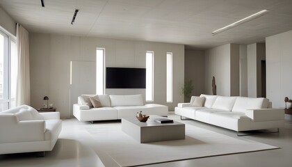 High end modern living room with white leather couch and a large flat screen tv mounted on the wall, brutalist architecture mixed with modern futuristic minimal design