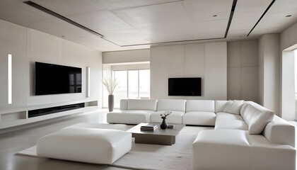 High end modern living room with white leather couch and a large flat screen tv mounted on the wall, brutalist architecture mixed with modern futuristic minimal design