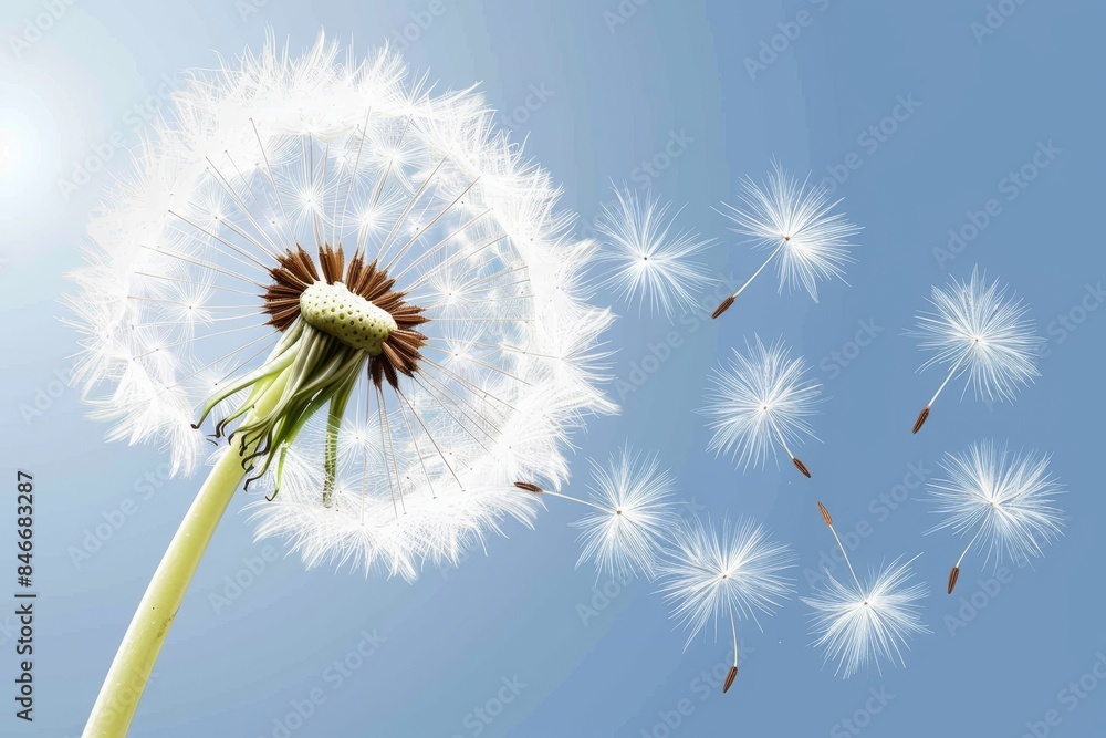 Poster dandelion seeds floating in the air on a gentle blue backdrop with bokeh effects