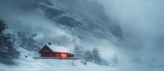 An intense scene captured in a wallpaper showcasing a Norwegian cabin standing strong against a powerful mountain blizzard, the harsh weather conditions highlighting the resilience and ruggedness 