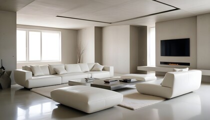 High end modern living room with white leather couch and a large flat screen tv mounted on the wall, brutalist architecture mixed with modern futuristic minimal design