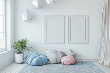 Kids room in pastel colors with scandinavian decor and 2 framed posters on the wall, scandinavian minimalistic design