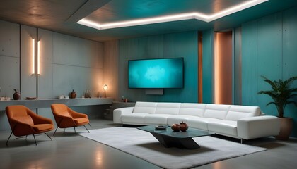 High end modern living room with white leather couch and a large flat screen tv mounted on the wall, brutalist architecture mixed with modern futuristic minimal design