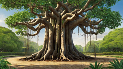 illustration of a banyan tree in the garden