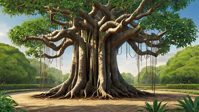 illustration of a banyan tree in the garden