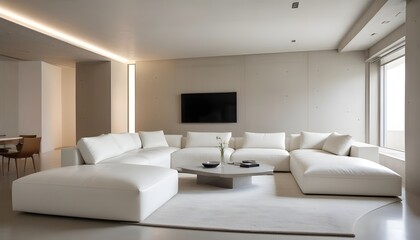 Fototapeta premium High end modern living room with white leather couch and a large flat screen tv mounted on the wall, brutalist architecture mixed with modern futuristic minimal design