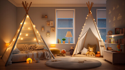 Children's room with a teepee and toys ,Cozy children room interior in neutral colors design with natural light and lights garland