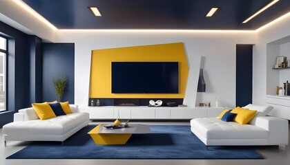 High end modern living room with white leather couch and a large flat screen tv mounted on the wall, brutalist architecture mixed with modern futuristic minimal design