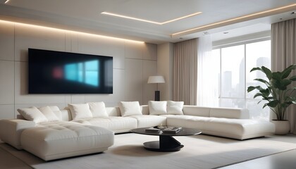 High end modern living room with white leather couch and a large flat screen tv mounted on the wall, brutalist architecture mixed with modern futuristic minimal design
