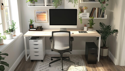 A minimalist home office with a white desk, a comfortable chair, and plenty of natural light.