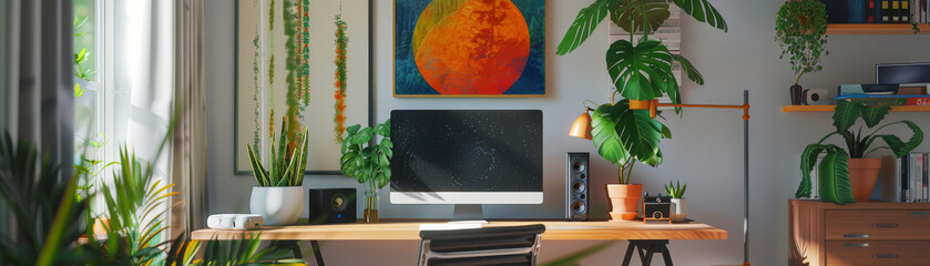 A home office with a desk, computer, plants, and artwork.