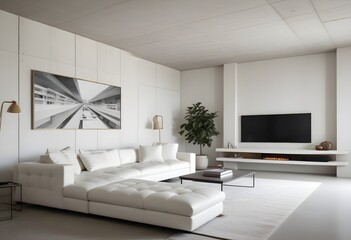 High end modern living room with white leather couch and a large flat screen tv mounted on the wall, brutalist architecture mixed with modern futuristic minimal design
