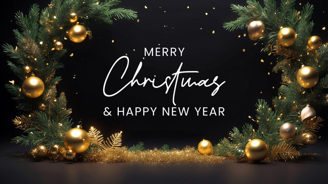 Christmas decoration border with fir branches and gold glitter confetti on black background with text Merry christmas and happy new year
