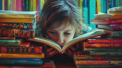 Close up of attractive child reading a book while looking at camera. Elementary student holding fairy tale novel book or bedtime stories surrounded by various book. Creative activity concept. AIG42. © InfiniteFlow