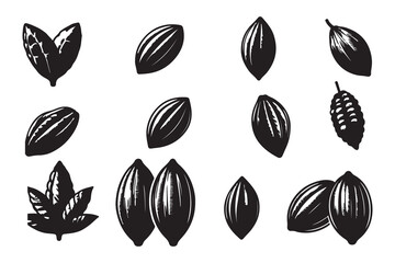 Set of silhouettes of Cocoa beans icon set Isolated on a white background outline