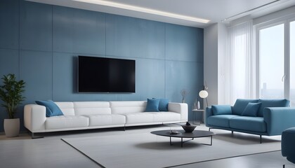 High end modern living room with white leather couch and a large flat screen tv mounted on the wall, brutalist architecture mixed with modern futuristic minimal design
