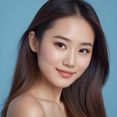 Fototapeta premium Pretty Asian beauty woman long hair with japanese makeup glowing face and healthy facial skin portrait smile on isolated light blue background