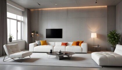Fototapeta premium High end modern living room with white leather couch and a large flat screen tv mounted on the wall, brutalist architecture mixed with modern futuristic minimal design